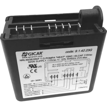 The Gicar Brain Unit - 9.1.14.23G 115V for La Nuova Era Cuadra is a black electronic control box with labeled top terminals and a front white sticker displaying wiring diagram and technical specs. © 2025 1st-line.com