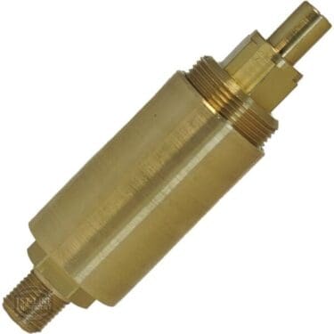 The Lelit MC931 Adjustable Over Pressure Valve is a brass pneumatic cylinder component with threaded ends and a central hex section, designed for connecting to air system fittings or use as an espresso machine part. © 2025 1st-line.com
