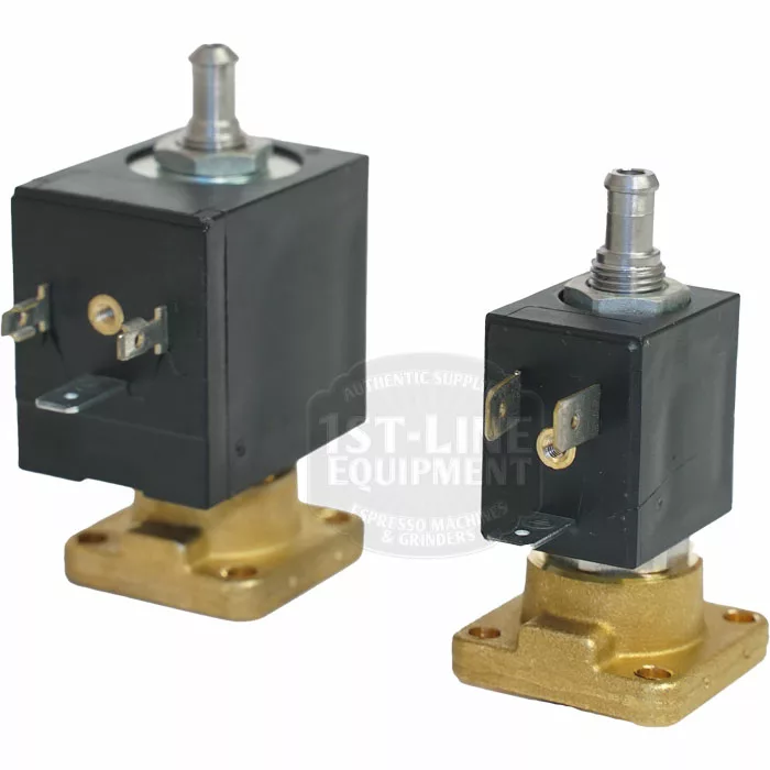 Two Lelit MC755/110 Solenoid Valves (110V) with black rectangular housings, brass bases, metal actuators on top, and side electrical connectors are shown against a white background. © 2025 1st-line.com