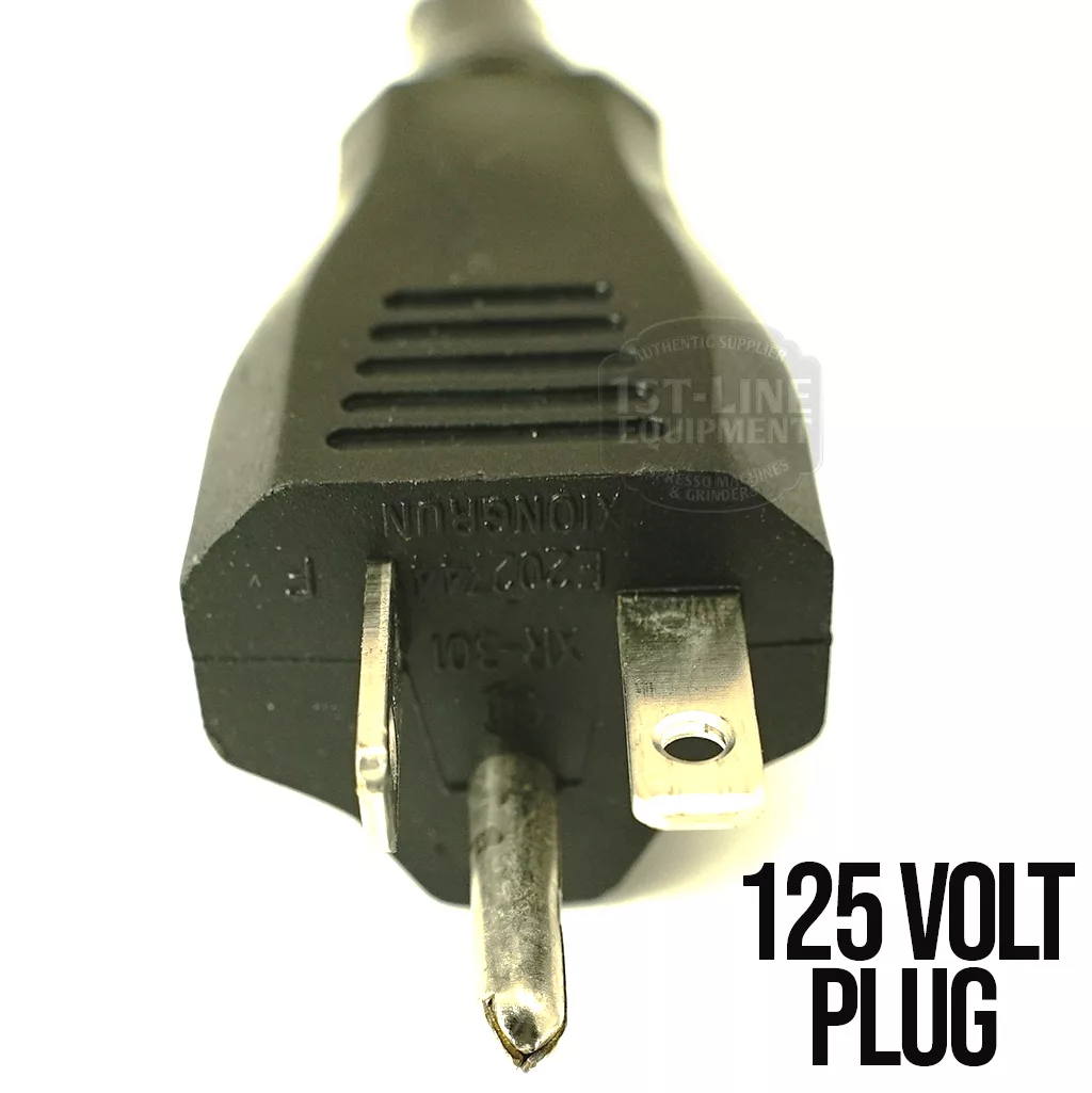 Close-up of a black, three-pronged plug with two flat blades and one round grounding pin—perfect for powering the Bezzera Matrix DE V2 Dual Boiler Espresso Machine. 125 VOLT PLUG appears in bold at the bottom right. © 2025 1st-line.com