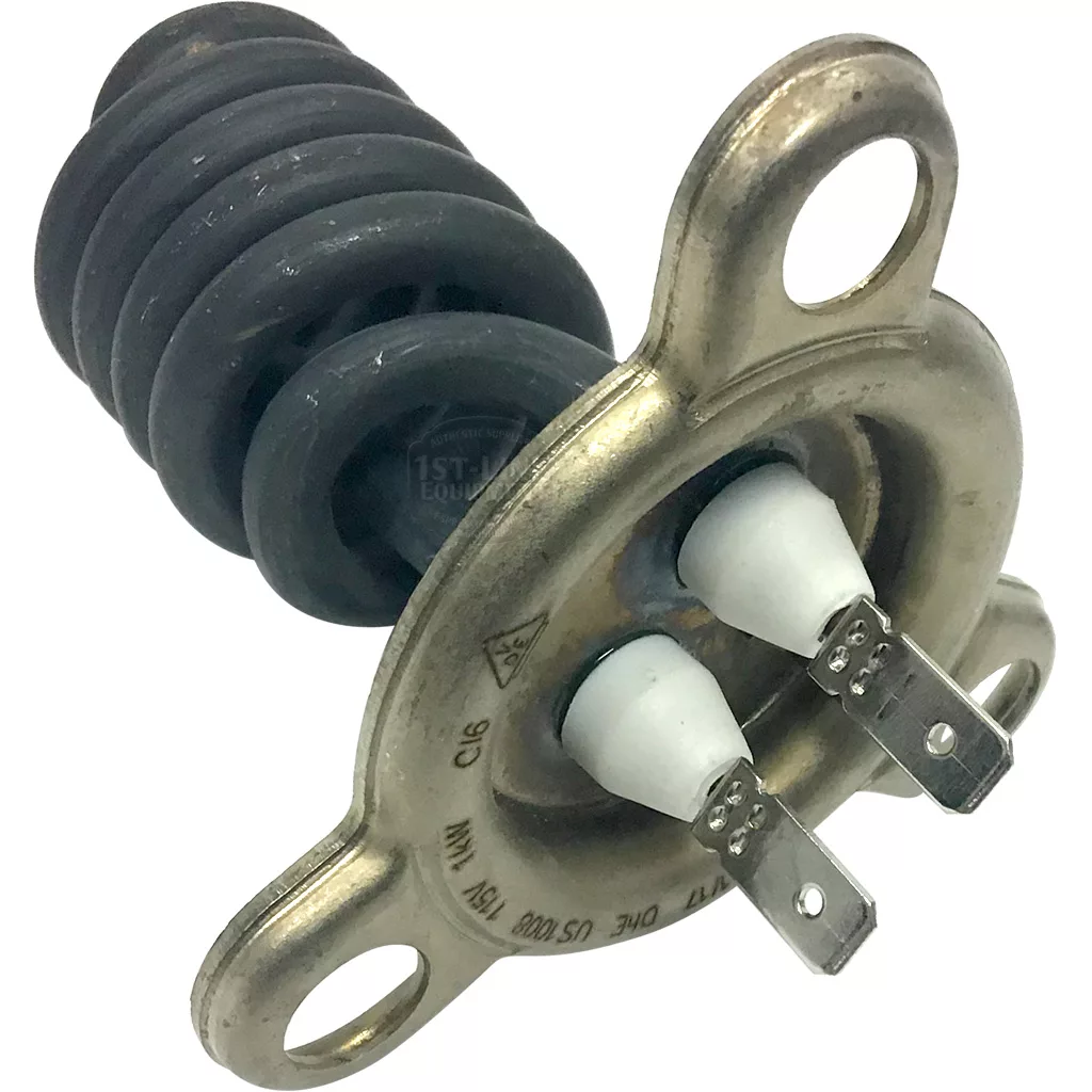 A close-up of the ECM US1008 115V/1200W Heating Element featuring a coiled spring and two electrical terminals, designed for use in appliances such as water heaters or ovens. © 2025 1st-line.com