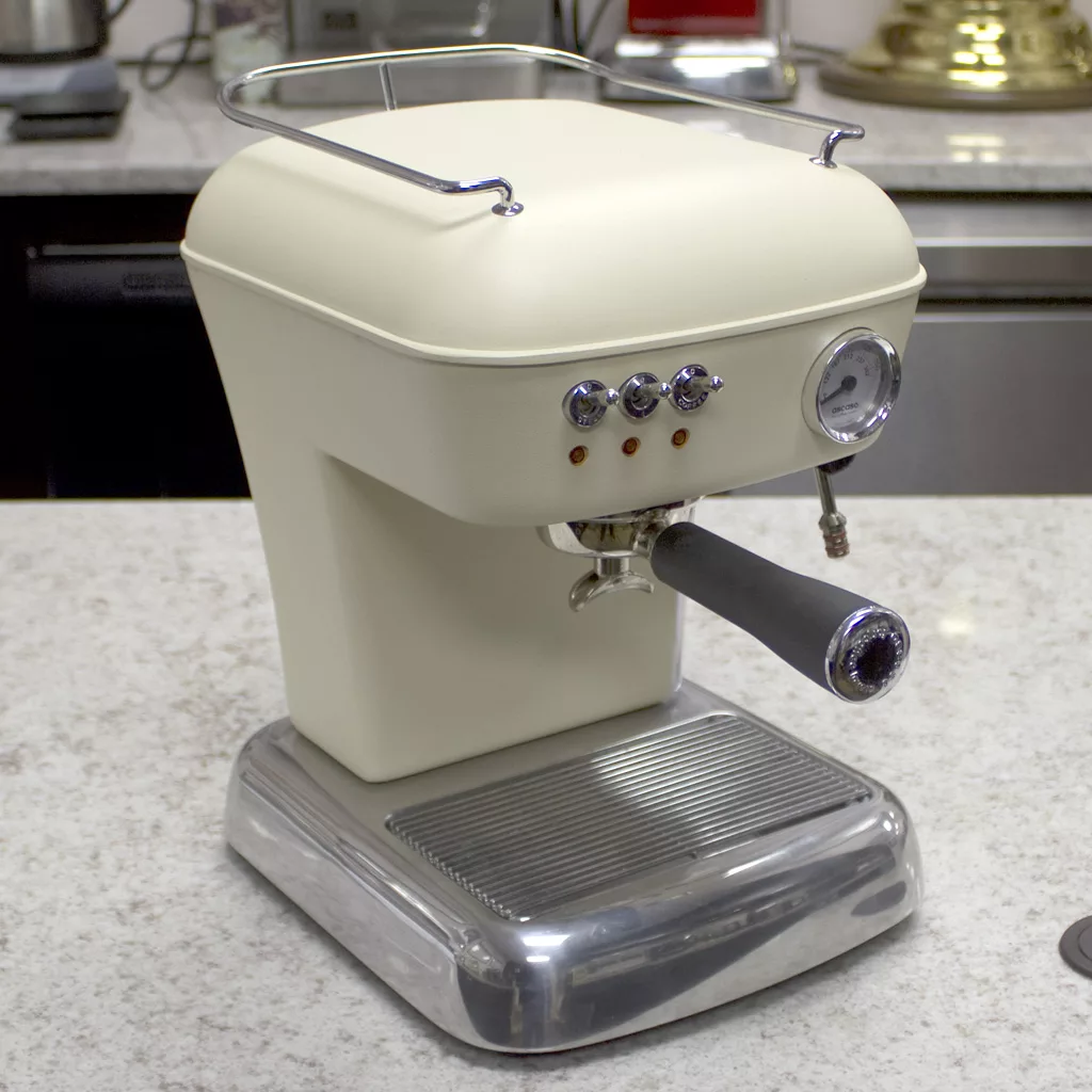 A SOLD Ascaso Dream V2 Sweet Cream Espresso Machine (returned & refurbished) sits on a marble countertop in a modern kitchen. © 2025 1st-line.com