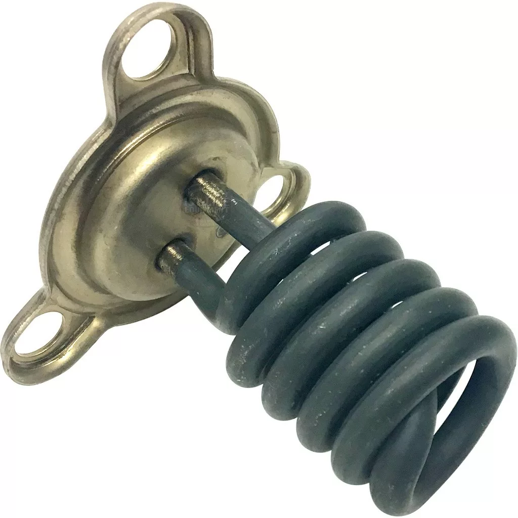 Close-up of an ECM US1008 115V/1200W heating element featuring a metal thermostatic spring with a coiled dark blue wire attached to a brass mounting plate with three screw holes. © 2025 1st-line.com