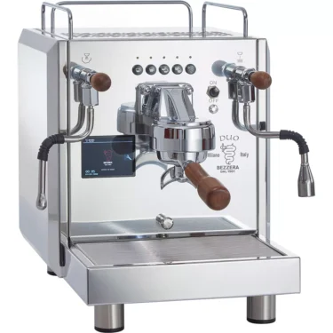 The Bezzera Duo DE V2 Dual Boiler Espresso Machine features stainless steel construction, wooden handles, dual steam wands, control buttons, a digital display, and Bezzera Duo branding on the front. © 2025 1st-line.com