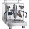 The Bezzera Duo MN V2 Dual Boiler Espresso Machine features a stainless steel body, wooden handles, dual gauges, steam and hot water wands, a front digital display, and sits on a drip tray. © 2025 1st-line.com