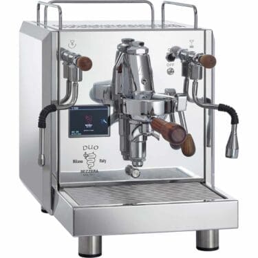 The Bezzera Duo MN V2 Dual Boiler Espresso Machine features a stainless steel body, wooden handles, dual gauges, steam and hot water wands, a front digital display, and sits on a drip tray. © 2025 1st-line.com