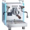 The Bezzera Matrix DE V2 Dual Boiler Espresso Machine features a reflective metal body, wooden handles, side LED lights, digital display, dual steam wands, and Matrix/Bezzera labels on the front. © 2025 1st-line.com