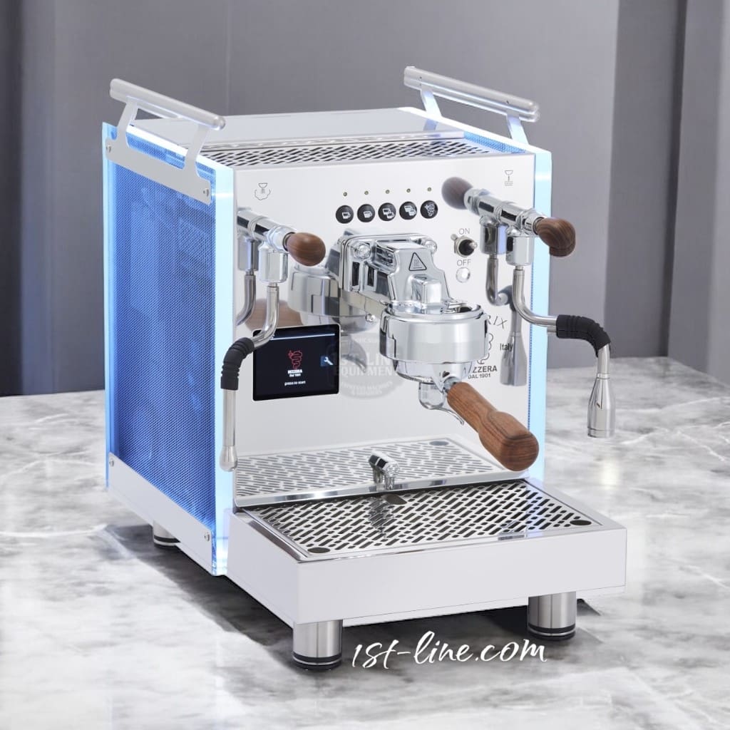 The Bezzera Matrix DE V2 Dual Boiler Espresso Machine with a digital display, blue side panels, metal and wood accents sits on a marble countertop. It features dual spouts, steam and hot water wands, and a drip tray. © 2025 1st-line.com