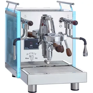 The Bezzera Matrix MN V2 Dual Boiler Espresso Machine features a stainless steel body, blue LED side panels, wooden handles, steam wands, a digital display, and is labeled Matrix and Milano Italy on the front. © 2025 1st-line.com