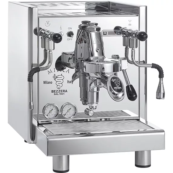The Bezzera Mitica V2 HX Espresso Machine, crafted from stainless steel, features dual gauges, a portafilter, steam wand, and intuitive controls. This Italian-designed machine reflects its surroundings with professional elegance. © 2025 1st-line.com