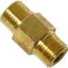 The Rancilio 23000256 Boiler Expansion Valve Connector-Silvia is a brass, double-ended pipe fitting with male threads on both sides and a hex center for wrench tightening, designed for Rancilio Silvia machines. © 2025 1st-line.com
