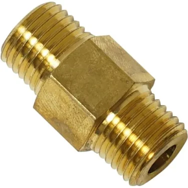 The Rancilio 23000256 Boiler Expansion Valve Connector-Silvia is a brass, double-ended pipe fitting with male threads on both sides and a hex center for wrench tightening, designed for Rancilio Silvia machines. © 2025 1st-line.com