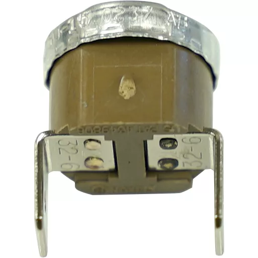 Close-up of a round, brown Solis 212.15 150° Thermostat featuring a metallic top and two metal prongs marked “32-” and “0-32” at the base, designed for thermal switch use in electrical or heating devices. © 2025 1st-line.com