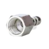 Close-up view of a metallic hexagonal hose barb fitting, showing both the internal threaded end and ribbed nozzle, similar to the Bezzera 5370313 Group E. Valve Drain Rubber Holder. The fitting is angled to display threaded and barbed sections.