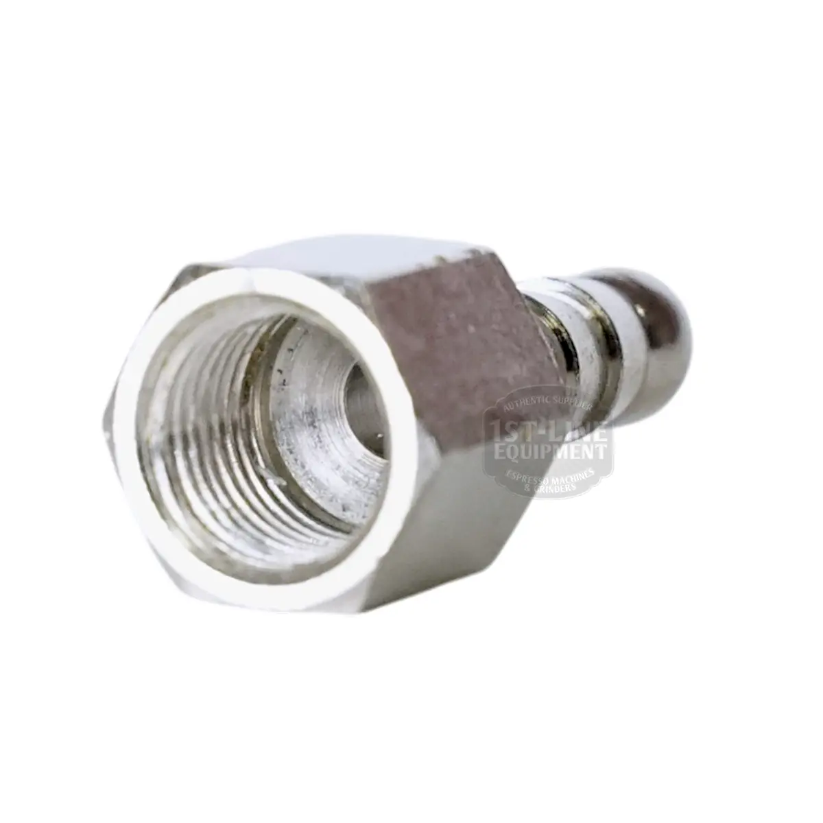 Close-up view of a metallic hexagonal hose barb fitting, showing both the internal threaded end and ribbed nozzle, similar to the Bezzera 5370313 Group E. Valve Drain Rubber Holder. The fitting is angled to display threaded and barbed sections.