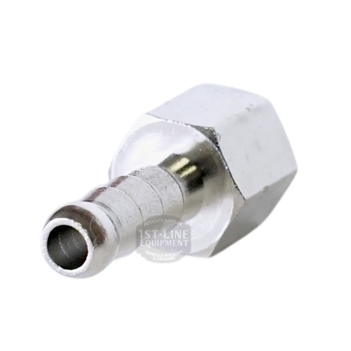Close-up of a Bezzera 5370313 Group E. Valve Drain Rubber Holder, featuring a hexagonal nut and ribbed end for hose attachment. The shiny metal fitting is designed for secure use in Bezzera machines.