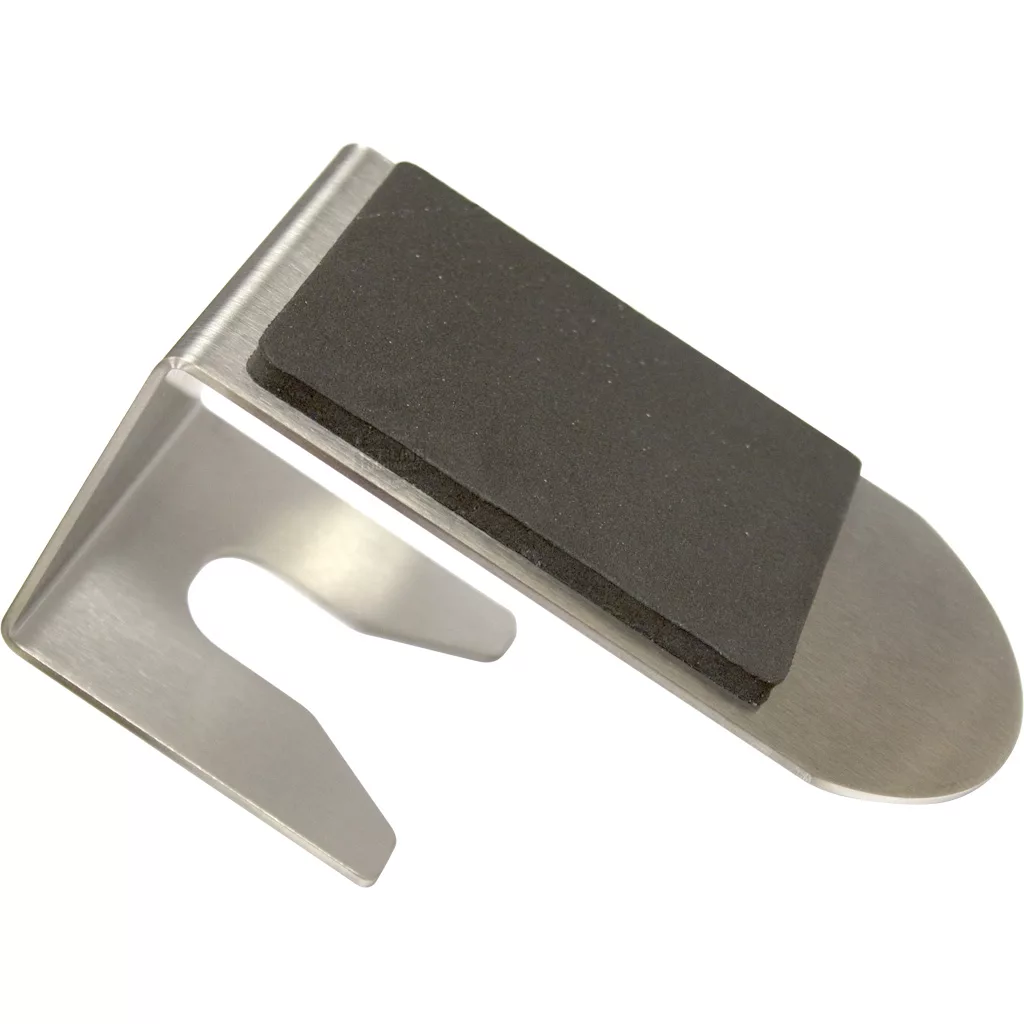 A metal door stop with a curved base and a black non-slip rubber pad, finished like the Lelit PLA4000 Stainless Steel Tamping Stand, plus a slot designed to fit under a door. © 2025 1st-line.com