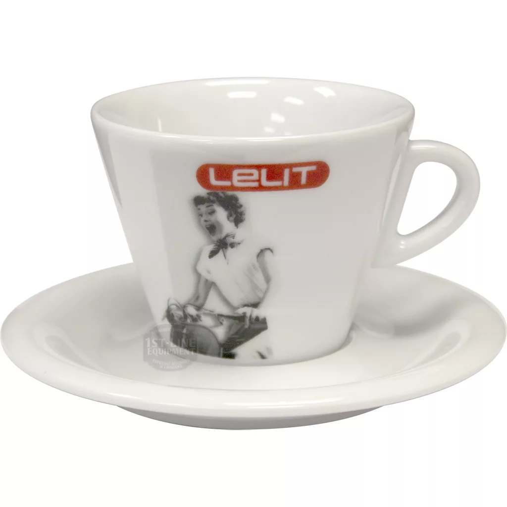 A white porcelain espresso cup and saucer with the red LELIT logo and a vintage-style illustration, inspired by the now-discontinued Lelit PL302 Cappuccino Cup & Saucer. © 2025 1st-line.com