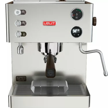 Front view of the Lelit Elizabeth V3 Dual Boiler Espresso Machine featuring buttons, a pressure gauge, temperature display, portafilter handle, steam wand, and drip tray. © 2025 1st-line.com