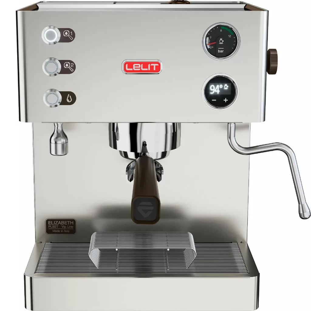 Front view of the Lelit Elizabeth V3 Dual Boiler Espresso Machine featuring buttons, a pressure gauge, temperature display, portafilter handle, steam wand, and drip tray. © 2025 1st-line.com