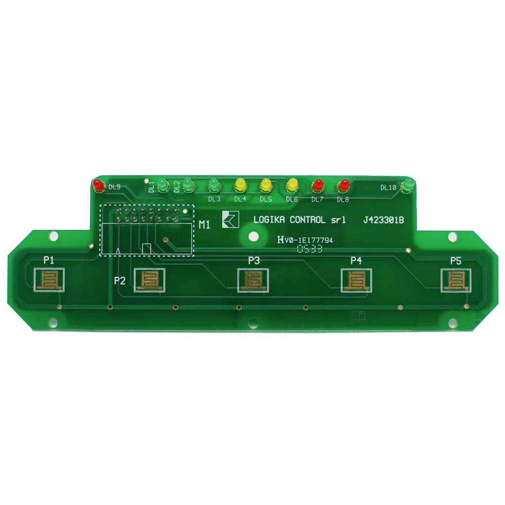The DISCONTINUED La Spaziale Circuit Command Panel - S1 is a green board with five rectangular connectors (P1-P5) at the bottom and seven colored LED indicators at the top. © 2025 1st-line.com