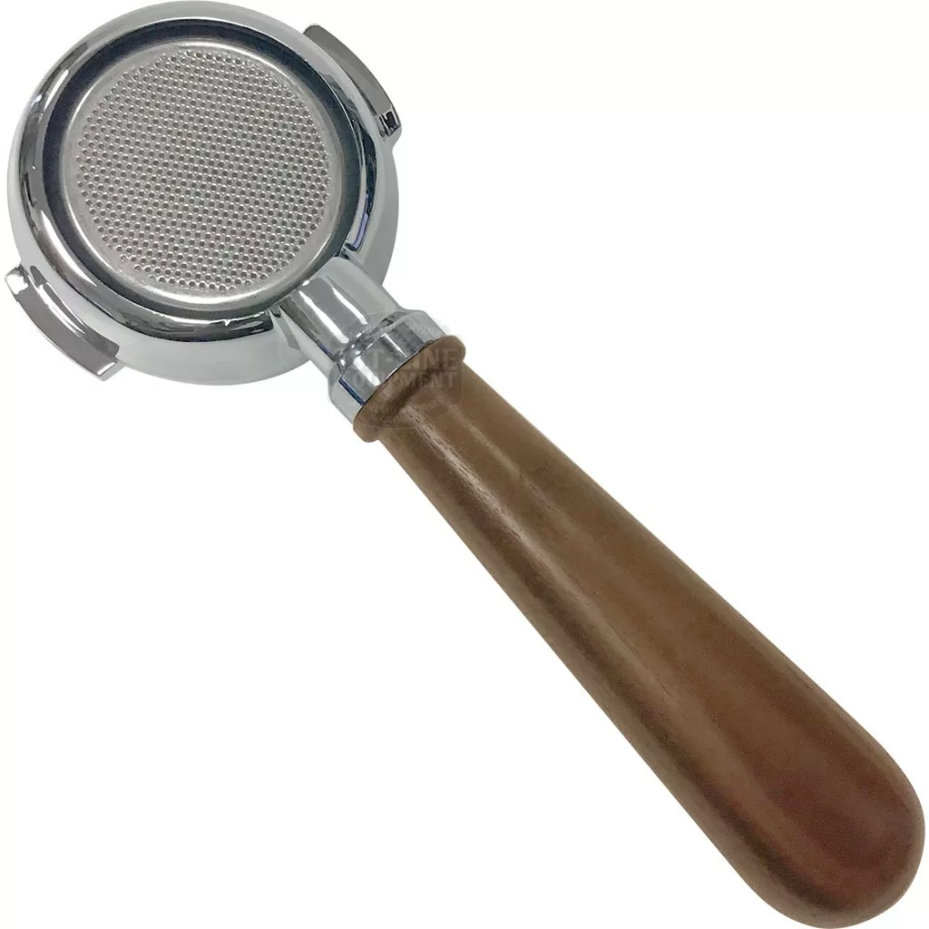 The DISCONTINUED Lelit PLA580W Bottomless Wood Handle Portafilter, featuring a metal body, round filter basket, and brown wooden handle for PL62/PL162 models, is displayed on a white background. © 2025 1st-line.com