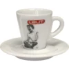 The Lelit PL300 Espresso Cup & Saucer is a white ceramic set with a black-and-white image of a person and the red LELIT logo, perfectly designed to match your Lelit PL300 experience. © 2025 1st-line.com