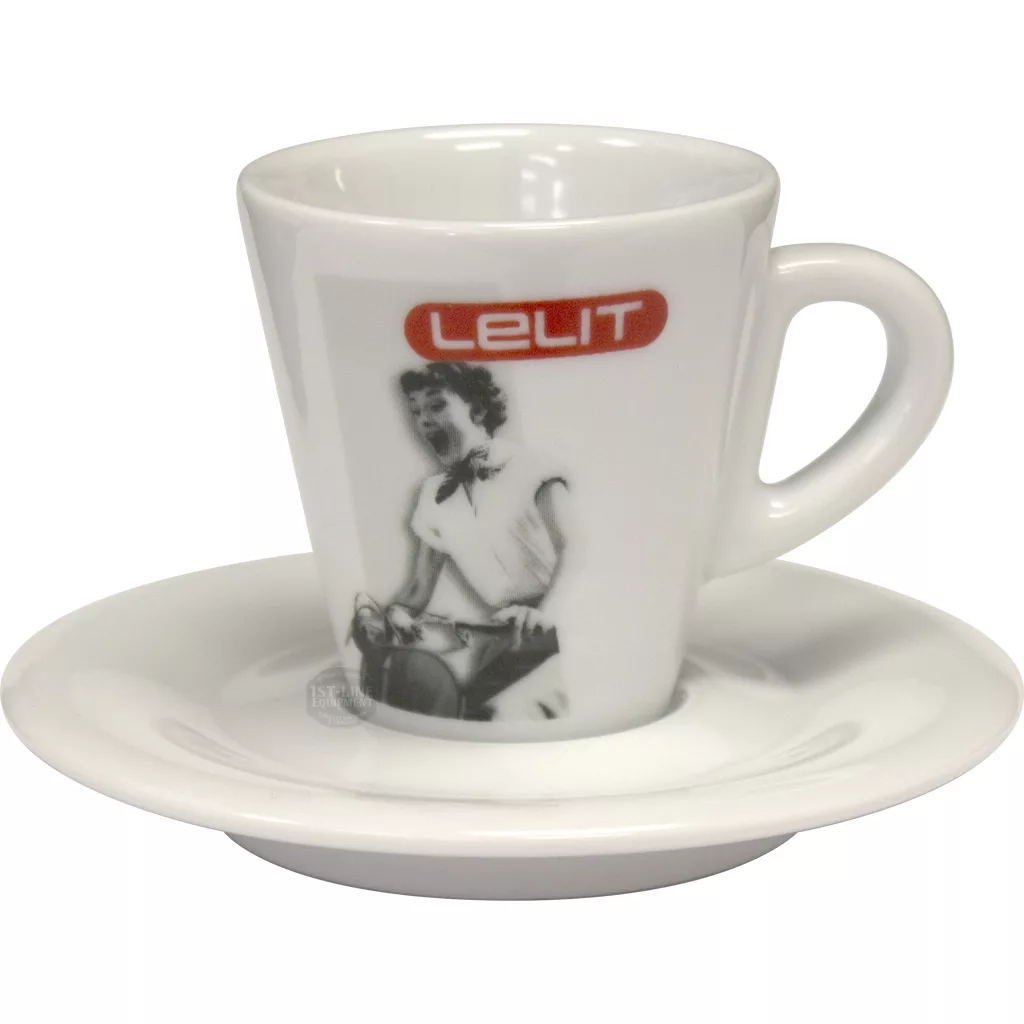 The Lelit PL300 Espresso Cup & Saucer is a white ceramic set with a black-and-white image of a person and the red LELIT logo, perfectly designed to match your Lelit PL300 experience. © 2025 1st-line.com