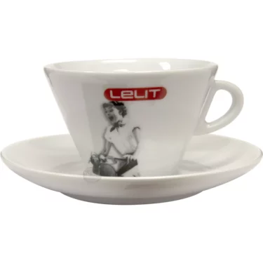 The Lelit PL303 Latte Cup & Saucer is a white ceramic set with a vintage-style woman image and a bold red LELIT logo on the cup. © 2025 1st-line.com