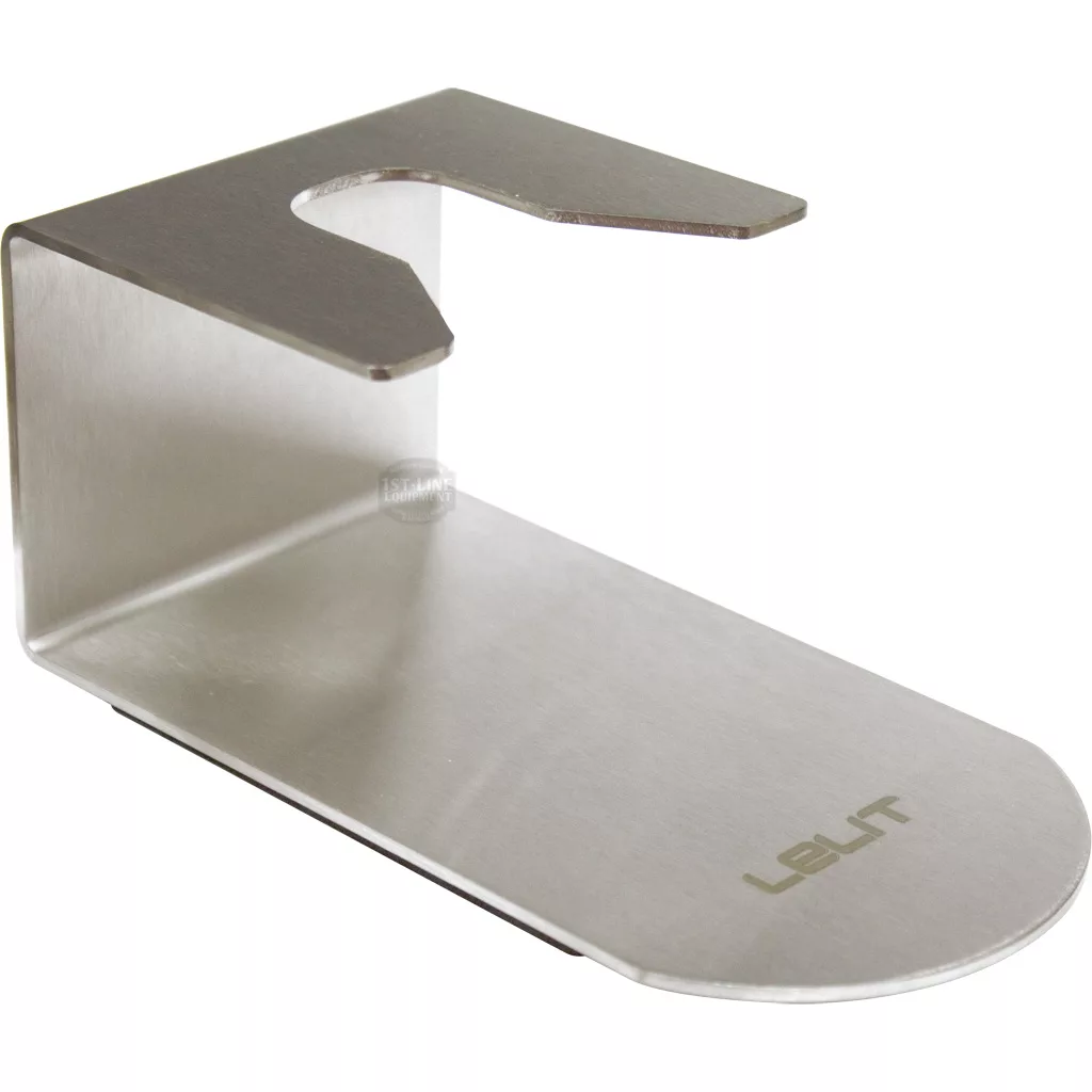 The Lelit PLA4000 Stainless Steel Tamping Stand features a flat base, an elevated portafilter slot, and the Lelit logo engraved on its base. © 2025 1st-line.com