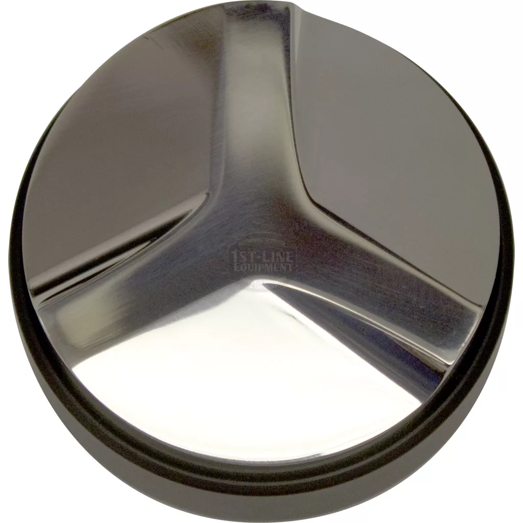 The Lelit PLA472A 57.35mm Pre-tamp Coffee Leveler features a shiny metallic finish, a smooth surface, and three spokes, as seen from above. © 2025 1st-line.com