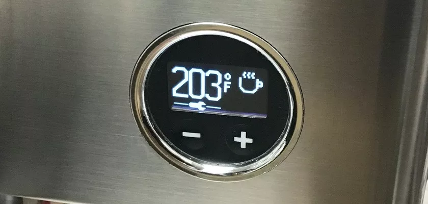 The stainless steel Lelit Elizabeth V3 Dual Boiler Espresso Machine features a digital display showing 203°F, a steaming cup icon, and plus/minus buttons below the screen for easy temperature adjustment. © 2025 1st-line.com