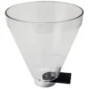 A clear plastic, cone-shaped container with a black spout at the bottom, the 1st-Line P02 Bean Hopper Pro is ideal for efficiently pouring or dispensing liquids. © 2025 1st-line.com