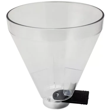A clear plastic, cone-shaped container with a black spout at the bottom, the 1st-Line P02 Bean Hopper Pro is ideal for efficiently pouring or dispensing liquids. © 2025 1st-line.com
