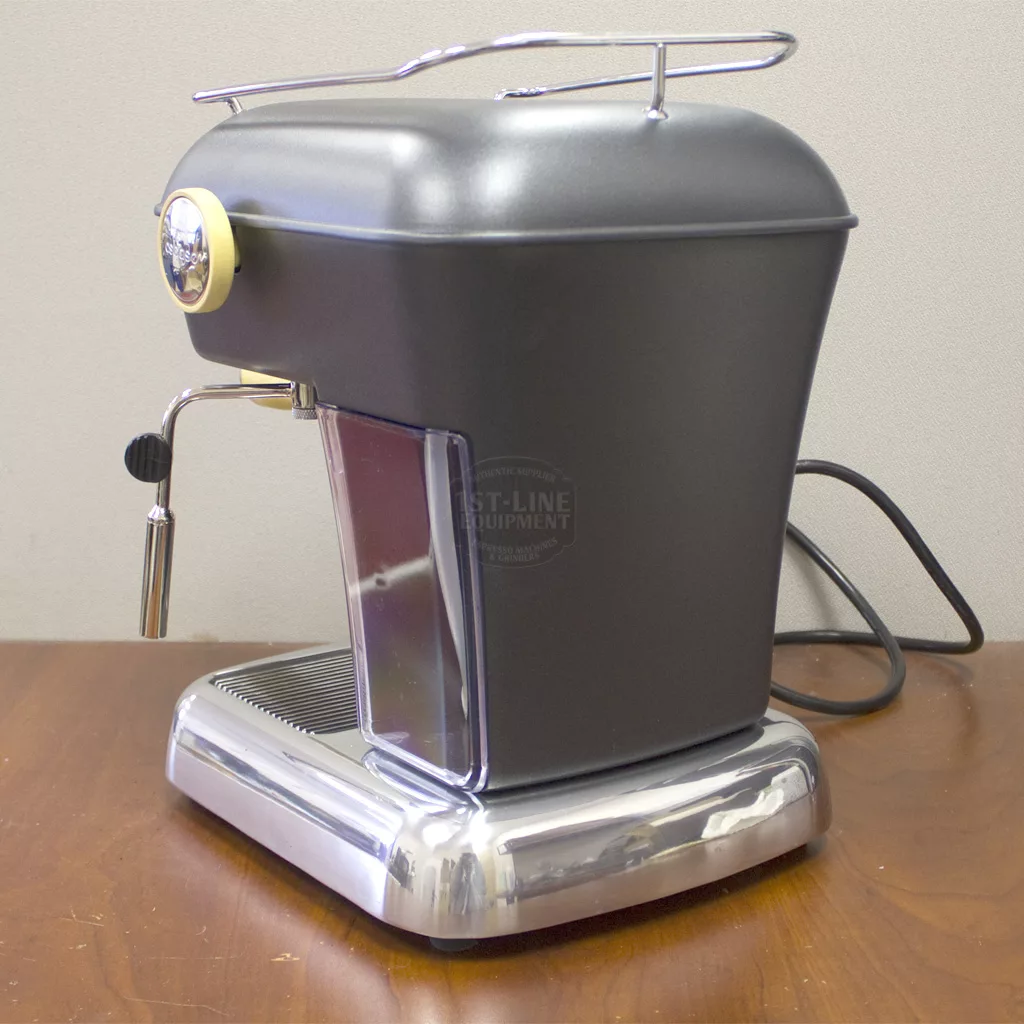 A SOLD Ascaso Dream UP V3 Anthracite Gray Espresso Machine with a WOOD Handle & Steam Knob (returned & refurbished) sits on a wooden surface, showcasing its left steam wand and rear power cord. © 2025 1st-line.com