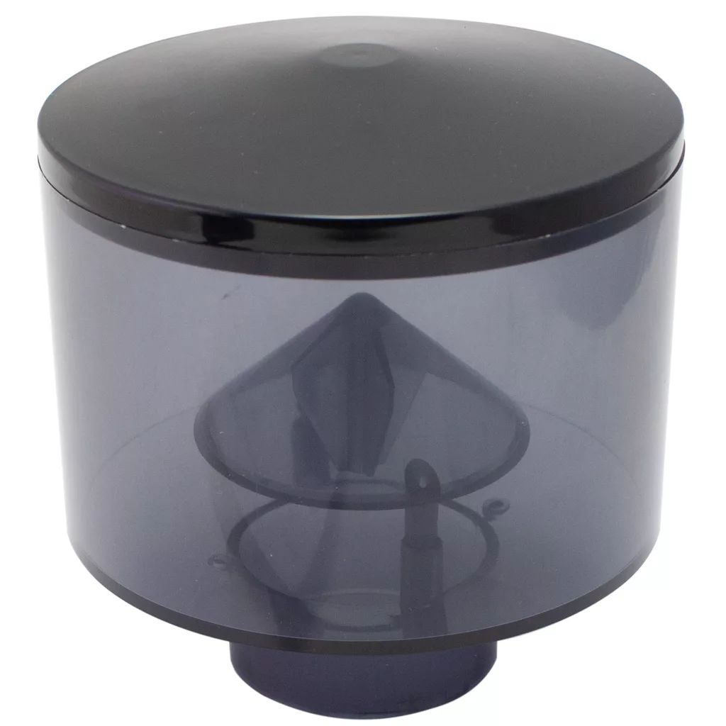 The 1st-Line Complete Bean Hopper is a translucent gray plastic lid with a round black top, designed to fit onto a container for collecting debris—great for use with 1st-Line shop vacuums or woodworking setups. © 2025 1st-line.com
