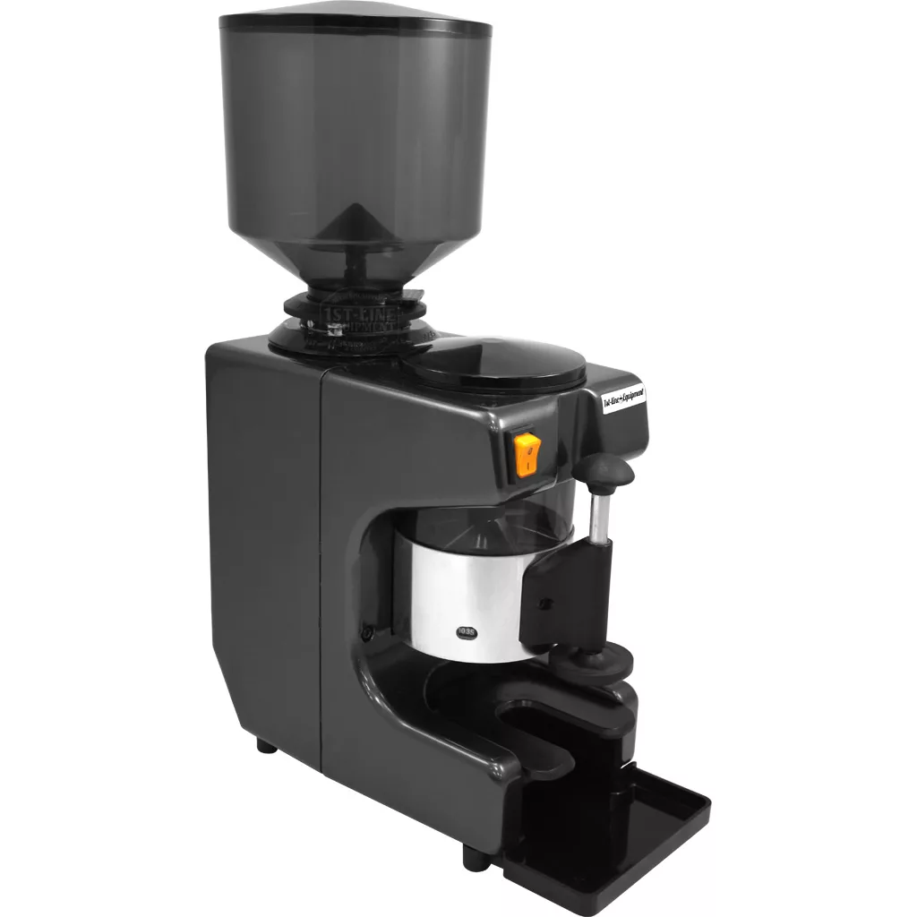 The 1st-line Michael Espresso Coffee Grinder features a sleek black design, a large transparent bean hopper, silver grinding chamber, control buttons, and a bottom tray for catching freshly ground coffee. © 2025 1st-line.com