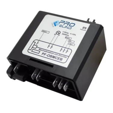 The 1st-Line P035110 Brain Unit PCB - 120V is a black control module with labeled specs and wiring diagram on top, metal connector prongs, and is ideal as a replacement brain unit PCB for 1st-Line machines. © 2025 1st-line.com