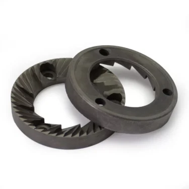 The 1st-Line P08 50mm Flat Grinding Burrs, set of 2, feature overlapping circular metal burrs with sharp spiral grooves and three holes each. These flat burrs are commonly used in coffee grinders. © 2025 1st-line.com