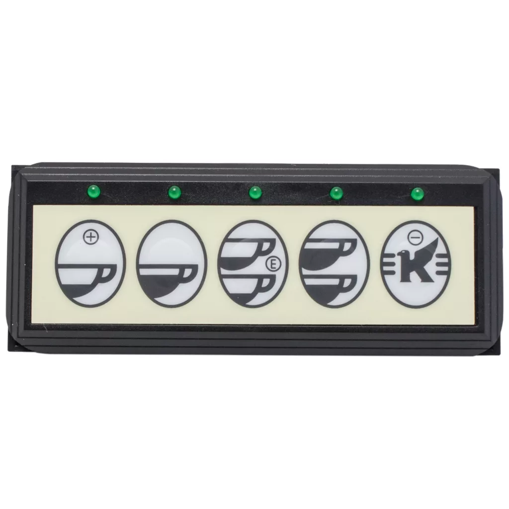 The Elektra 03667034 Touchpad for Sixties 1G & 2G (Old Version) is a rectangular panel featuring five coffee cup icon buttons with unique symbols and green indicator lights above each button for selecting different coffee options. © 2025 1st-line.com