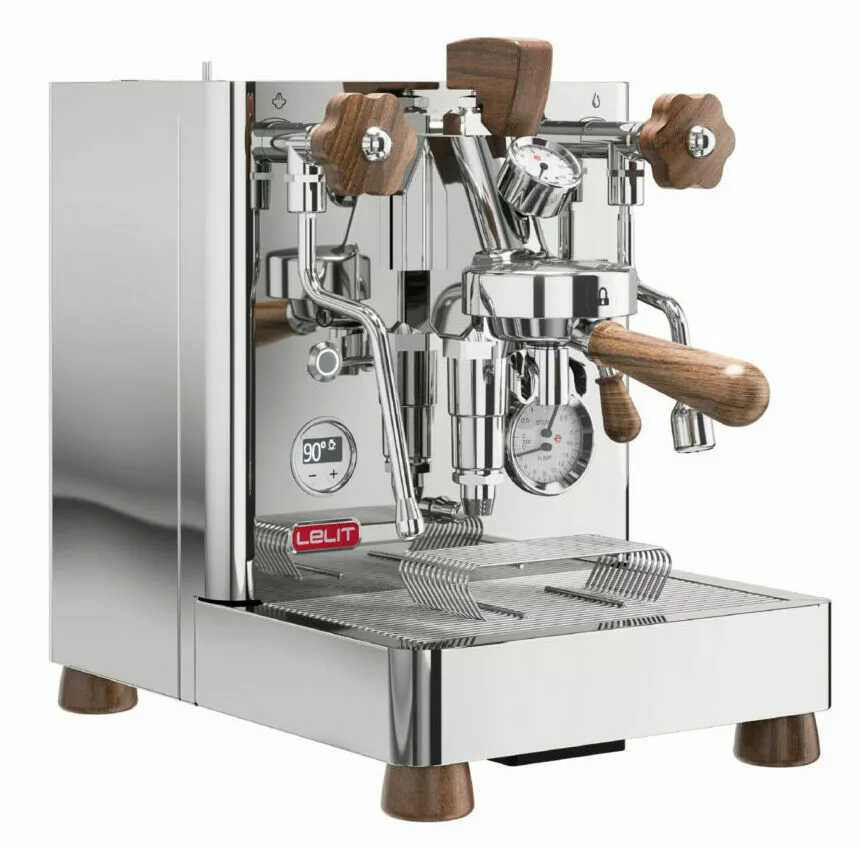 The Lelit Bianca V3 Dual Boiler Espresso Machine boasts stainless steel construction, wooden knobs and handles, dual spouts, a digital temperature display, pressure gauges, and a sturdy metal drip tray. © 2025 1st-line.com