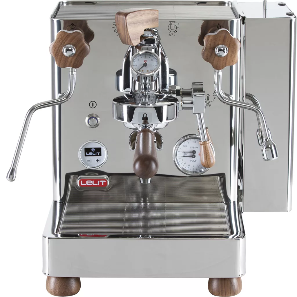 The Lelit Bianca V3 Dual Boiler Espresso Machine features a polished stainless steel body, wooden handles and knobs, left-side steam wand, pressure gauge, and the LE LIT logo—showcasing modern style and top-tier performance. © 2025 1st-line.com