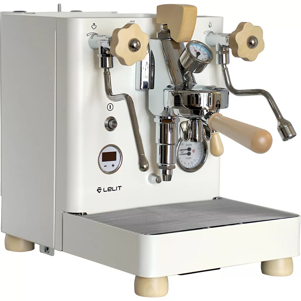 The Lelit Bianca V3 Dual Boiler Espresso Machine is white with wooden knobs and levers, a metal steam wand, pressure gauges, and a cup grid. Its modern, compact design has rounded edges and minimalist controls. © 2025 1st-line.com