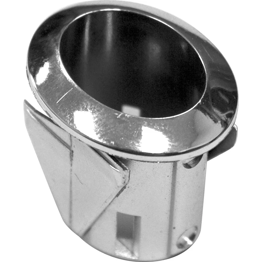 The VBM ELETPULSUPOUD Chrome Oval Support for bipolar switch features a shiny, chrome-plated finish with a slanted oval opening and side tabs, perfect for securing and finishing exposed pipe or tubing ends in switch installations. © 2025 1st-line.com