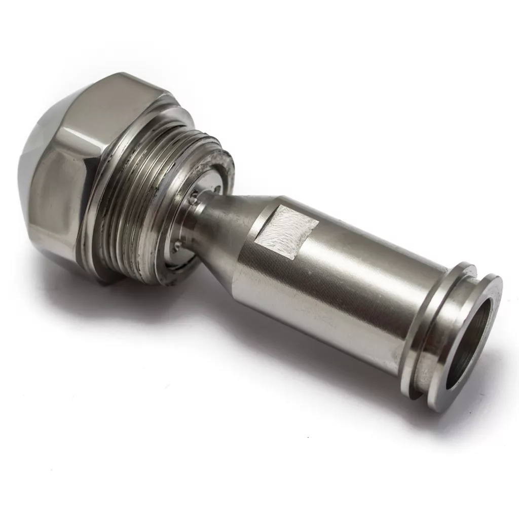 A close-up of a shiny metal valve stem and hexagonal nut, components of the DISCONTINUED ECM P1000.1 Stainless Steel Complete Mushroom Assembly, commonly used for vehicle tires or industrial equipment. © 2025 1st-line.com