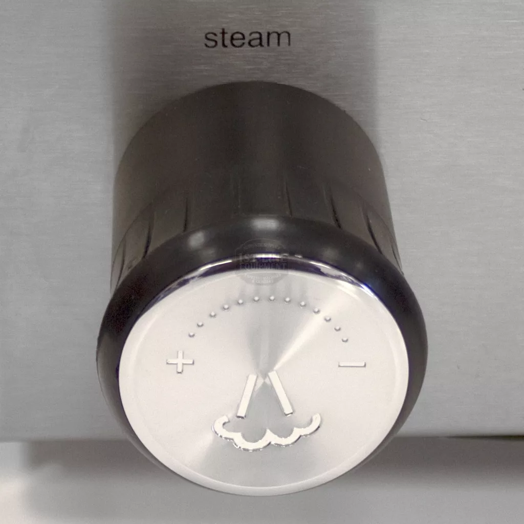 A close-up shows the black steam control knob with plus, minus, and steam symbols on the SOLD RETURNED AND REFURBISHED Ascaso Bar 2 Group Espresso Machine (110V, direct connect, vibration pumps). © 2025 1st-line.com