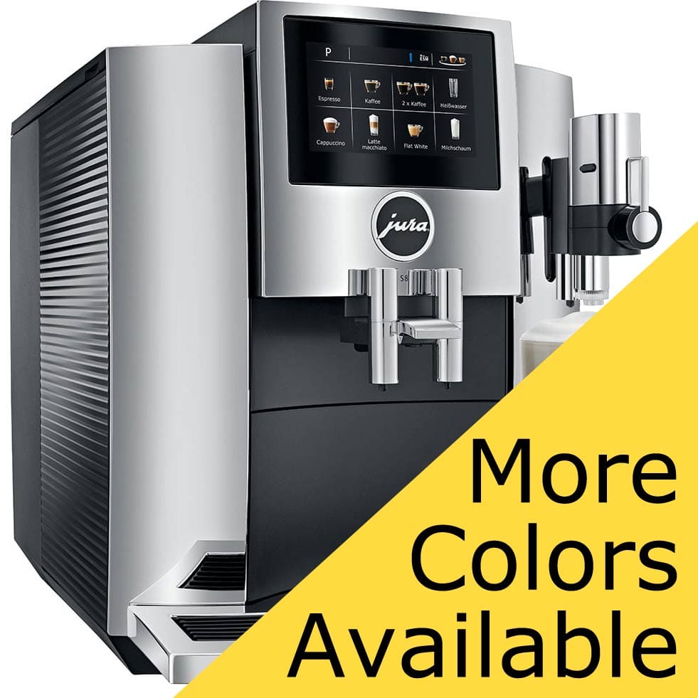 A silver DISCONTINUED Jura S8 Super-Automatic Espresso and Cappuccino Coffee Machine with a digital display is shown at an angle. A bold yellow diagonal banner in the front reads “More Colors Available” in black text. © 2025 1st-line.com