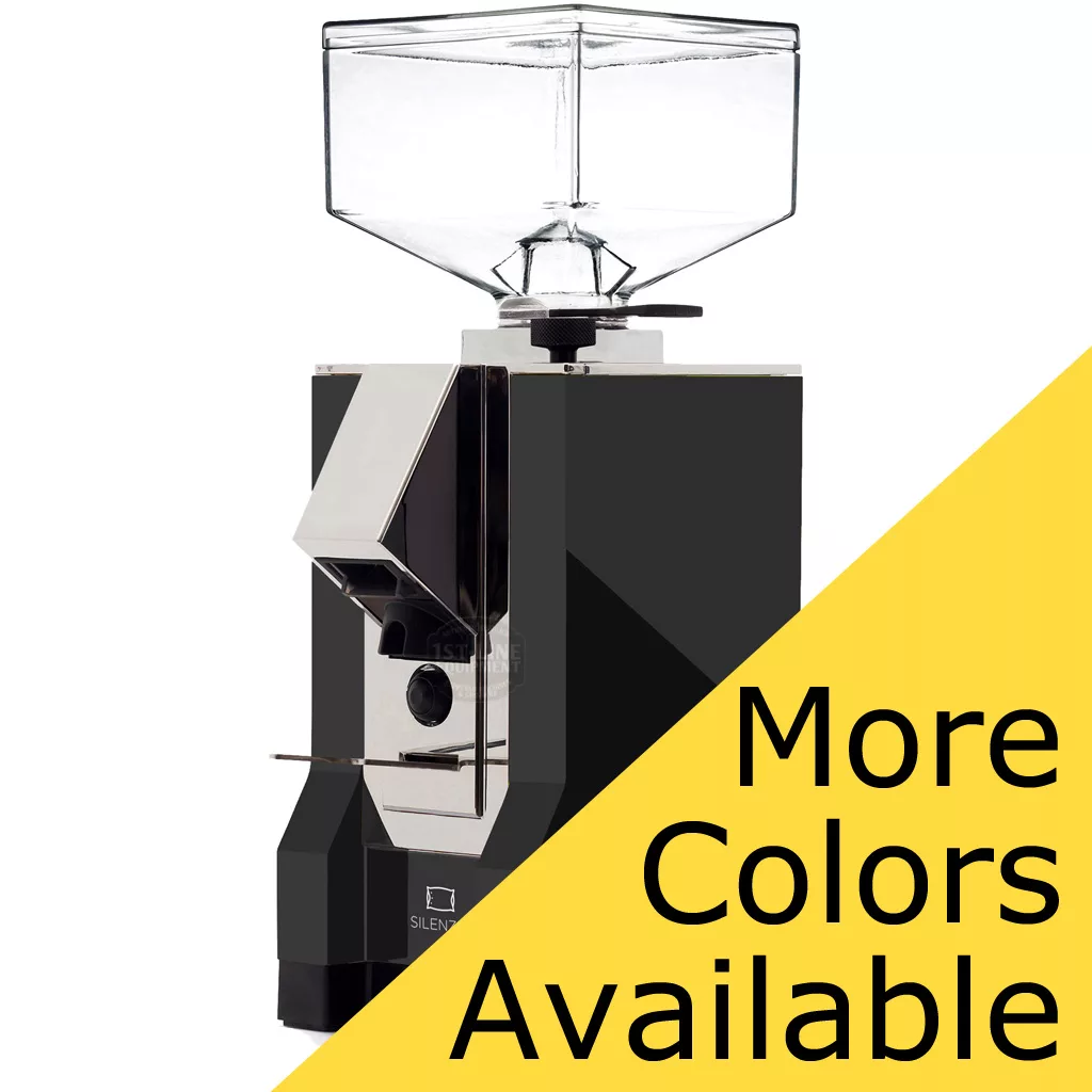 A sleek black and silver DISCONTINUED Eureka Mignon Silenzio 50mm Espresso Coffee Grinder, featuring precise 50mm burrs for perfect grounds every time. © 2025 1st-line.com