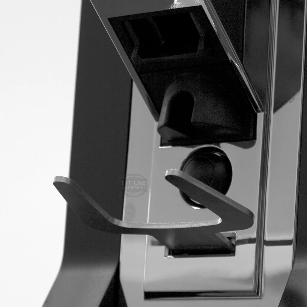 Close-up of the DISCONTINUED Eureka Mignon Silenzio 50mm Espresso Coffee Grinder, showing its portafilter holder and 50mm dispensing chute against a plain background. © 2025 1st-line.com