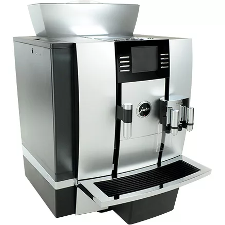 The DISCONTINUED Jura GIGA W3 Professional Super-Automatic Espresso Machine in Aluminum features a digital display, dual spouts, and a bottom drip tray for brewing espresso and coffee drinks. © 2025 1st-line.com